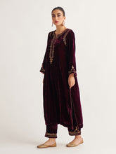 Wine velvet kurta with hand embroidery