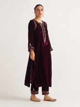 Wine velvet kurta with hand embroidery