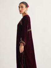 Wine velvet kurta with hand embroidery