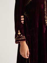 Wine velvet kurta with hand embroidery