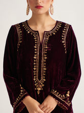 Wine velvet kurta with hand embroidery