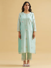 Mint silk chanderi embroidered kurta with scalloped placket