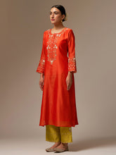 Orange Silk Chanderi kurta with hand embroidery