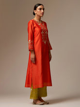 Orange Silk Chanderi kurta with hand embroidery