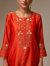 Orange Silk Chanderi kurta with hand embroidery
