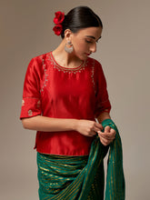 Red Silk Chanderi blouse with hand embroidery