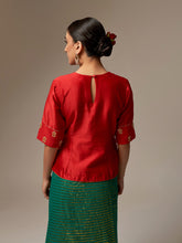 Red Silk Chanderi blouse with hand embroidery