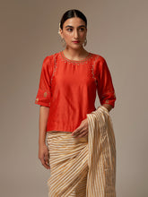 Orange Silk Chanderi blouse with hand embroidery