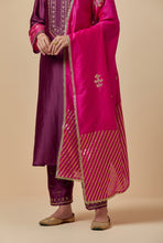 Fuchsia hand embroidered silk chanderi dupatta