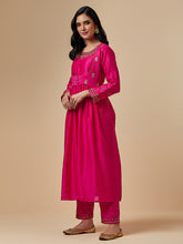 Fuchsia silk chanderi hand embroidered kurta with gather