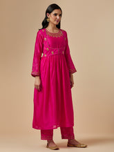 Fuchsia silk chanderi hand embroidered kurta with gather