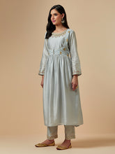 Grey silk chanderi hand embroidered kurta with gather
