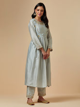 Grey silk chanderi hand embroidered kurta with gather