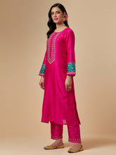 Fuchsia Silk Chanderi palazzo with hand embroidery