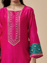 Fuchsia silk chanderi a-line hand embroidered kurta