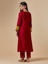 Red silk chanderi a-line hand embroidered kurta