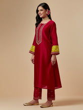 Red silk chanderi a-line hand embroidered kurta