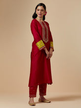 Red silk chanderi a-line hand embroidered kurta