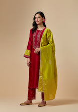 Lime hand embroidered silk chanderi dupatta