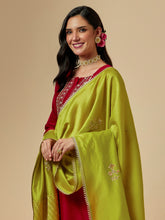 Lime hand embroidered silk chanderi dupatta