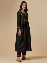 Black silk chanderi hand embroidered kurta with gather