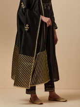 Black hand embroidered silk chanderi dupatta