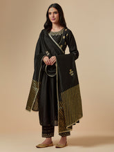 Black silk chanderi hand embroidered kurta with gather