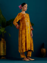 Mustard Orange velvet notched neck kurta and pant set