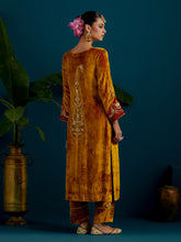Mustard Orange velvet notched neck kurta and pant set