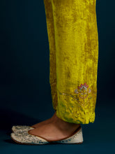 Lime Green velvet notched neck kurta  and pant set