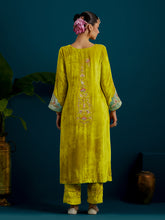Lime Green velvet notched neck kurta  and pant set