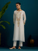 Off White notched neck long yoke kurta and pant set