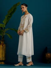 Off White notched neck long yoke kurta and pant set