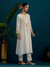 Off White notched neck long yoke kurta and pant set
