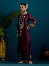 Purple notched neck long yoke kurta
