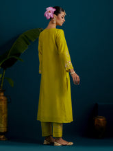 Lime Green notched neck long yoke kurta pant set