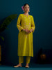 Lime green notched neck long yoke kurta