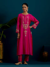 Fuchsia notched neck long yoke kurta and pant set