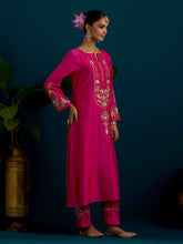 Fuchsia notched neck long yoke kurta and pant set