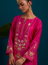 Fuchsia notched neck long yoke kurta and pant set