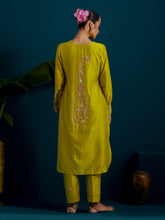 Lime Green round hem kurta with back motif and pant set