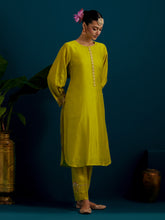 Lime Green round hem kurta with back motif and pant set