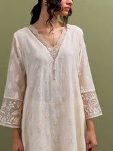 Ivory V neck Mul Chanderi Kurta and pant set with dupatta