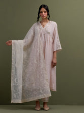 Pink Mul Chanderi gather Kurta, pant and dupatta set with cotton sleeveless inner kurta