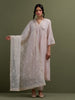 Pink Mul Chanderi gather Kurta, pant and dupatta set with cotton sleeveless inner kurta