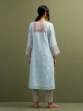 Blue V neck Mul Chanderi Kurta and pant set
