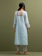 Blue V neck Mul Chanderi Kurta and pant set  with dupatta