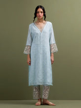 Blue V neck Mul Chanderi Kurta and pant set  with dupatta