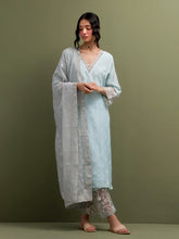 Blue V neck Mul Chanderi Kurta and pant set  with dupatta