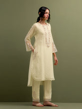 Yellow Mul Chanderi high low Kurta, pant and dupatta set